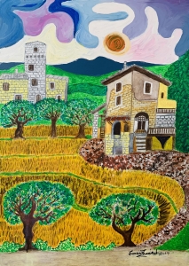 Vecchio casale con campo di grano